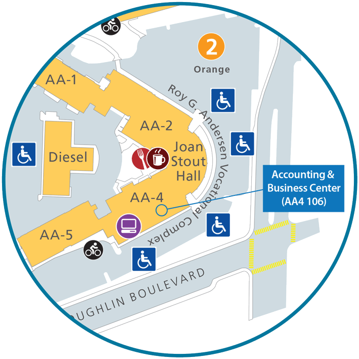 A map with an indicator pointing towards the location of the Accounting and Business tutoring center