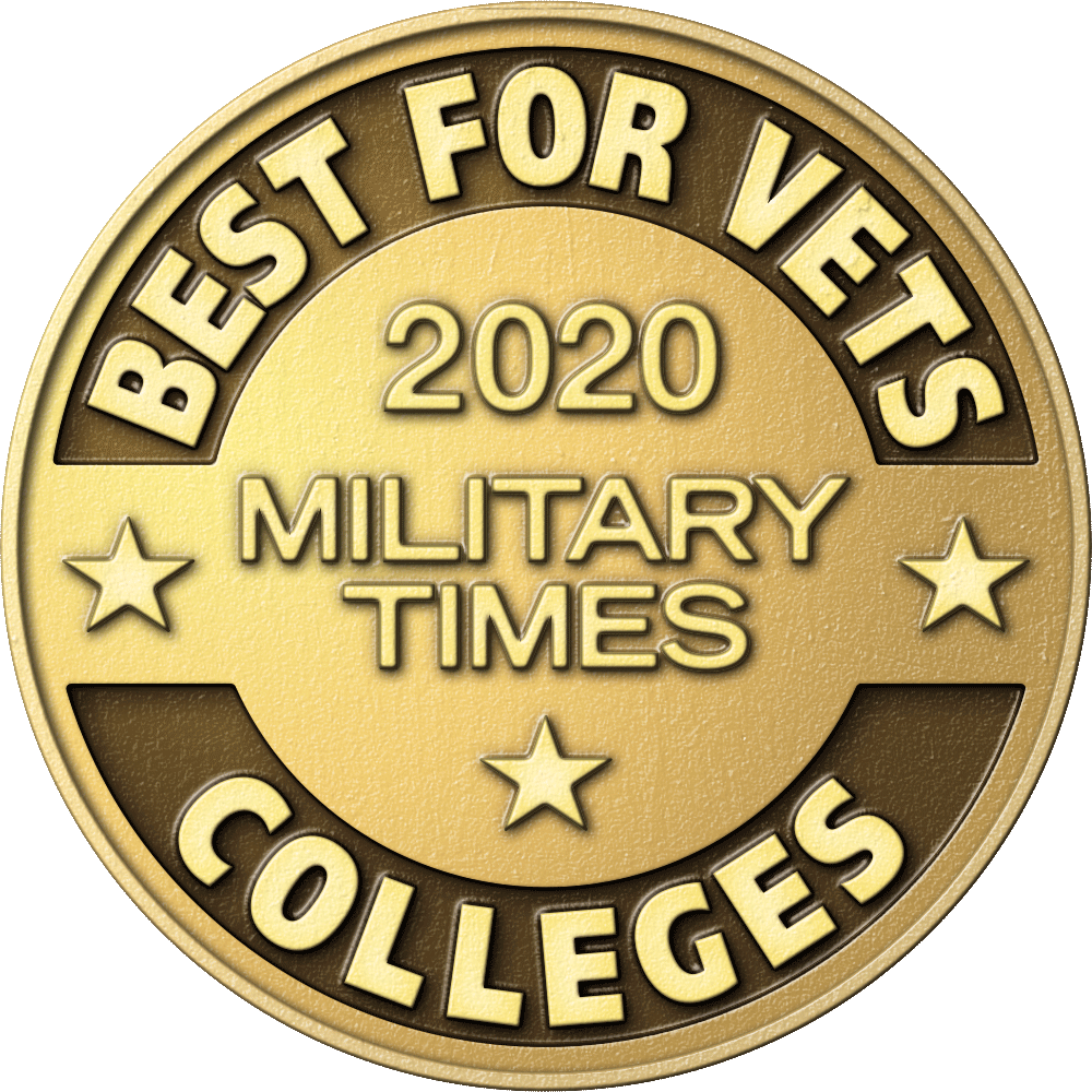 round badge with the words '2020 military items' written in the center with three stars under it. The words 'best for vets colleges' is written around the outside.