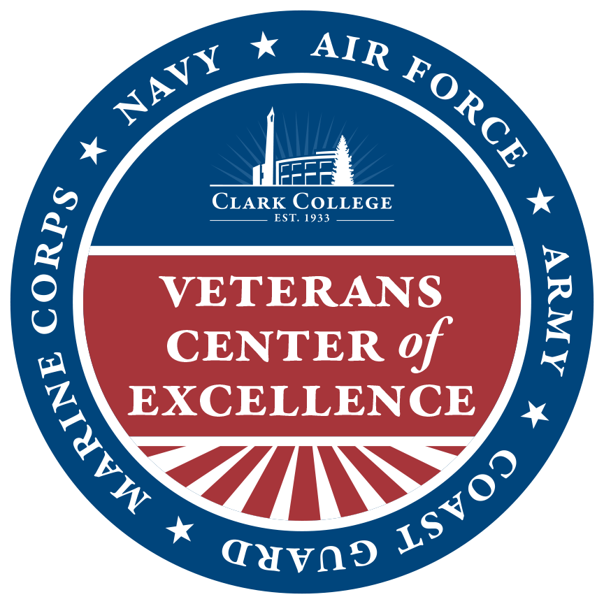 round badge divided into 3 sections, with the words 'veterans center of excellence' written in the center, the clark college logo at the top and red and white stripes in the bottom section. The names of all the armed forces are written around the outside. 