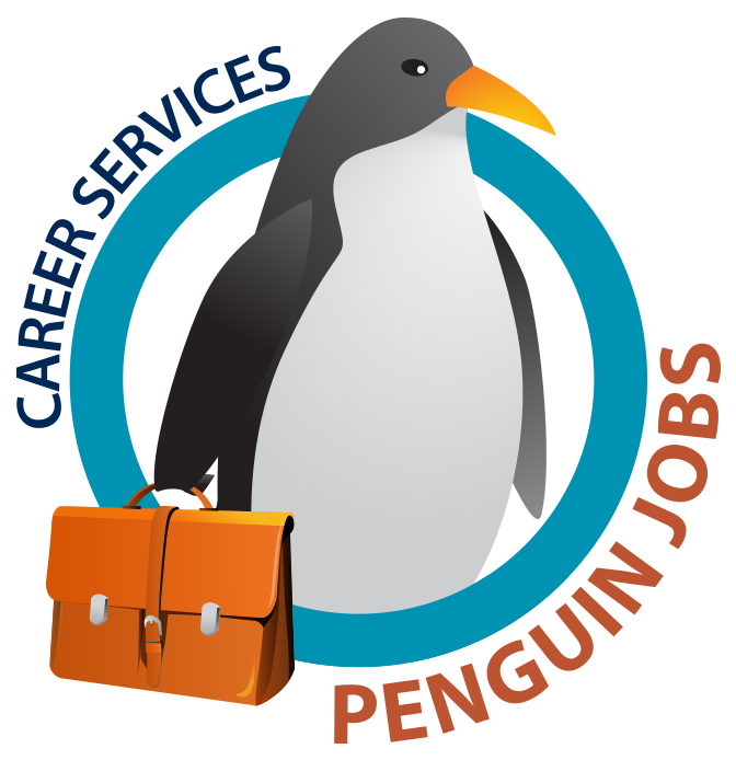 Penguin jobs logo. Penguin holding a briefcase with the words Career Services Penguin Jobs circled around the penguin.