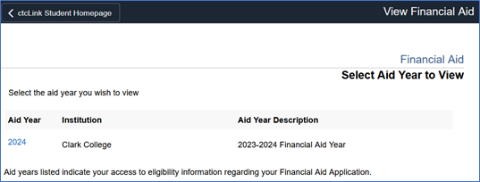 View financial aid - select aid year to view