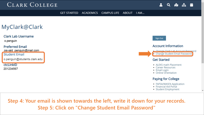 MyClark@Clark page, highlighting link to 'Change Student Email Password'.