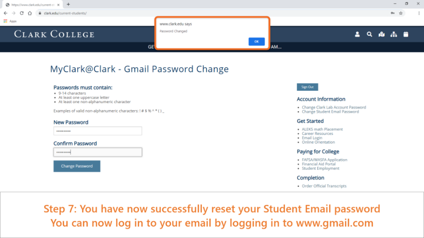 Gmail Password change screen, highlighting alert that confirms password change.