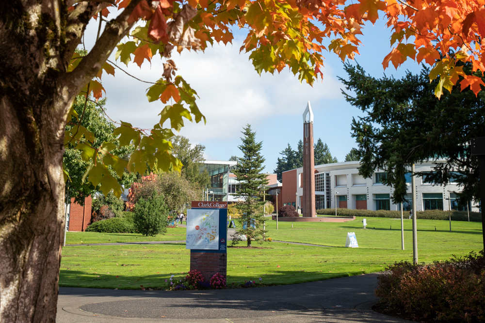 Campus Photo looking at the chime tower and Cannell Library framed with orange maple leaves from a tree in foreground.