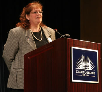 Professor Laurie Brown at the podium during the Faculty Speaker Series event
