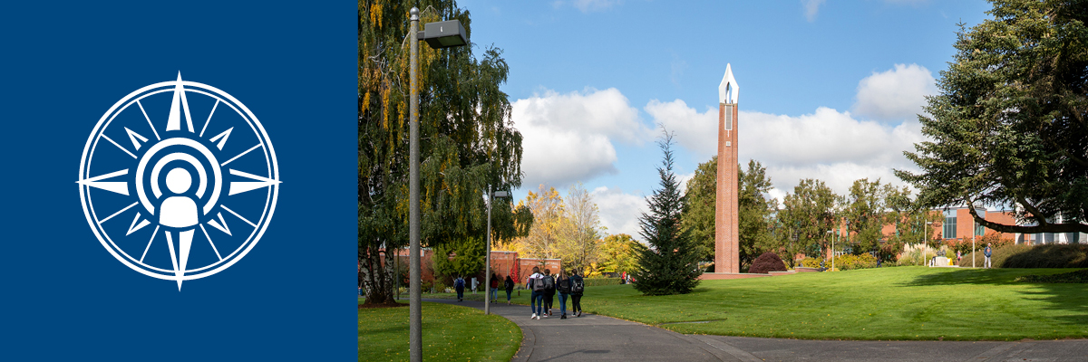 Guided pathways logo which looks like a compass face with a representation of a student at center. Image of students walking on campus to the right of the logo.
