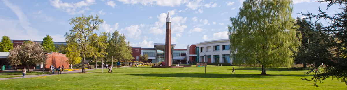 A view of campus with the Chime Tower and Cannell library.