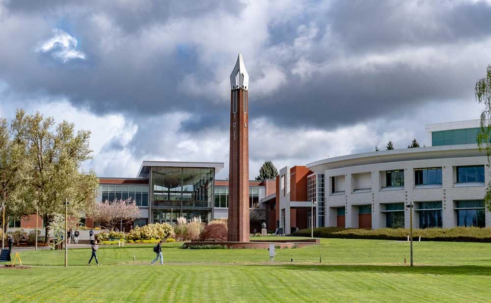 Clark College main campus, showing the Denny Chimes tower, Cannell Library and 