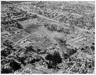 Historic black and white aerial photo of Clark's main campus