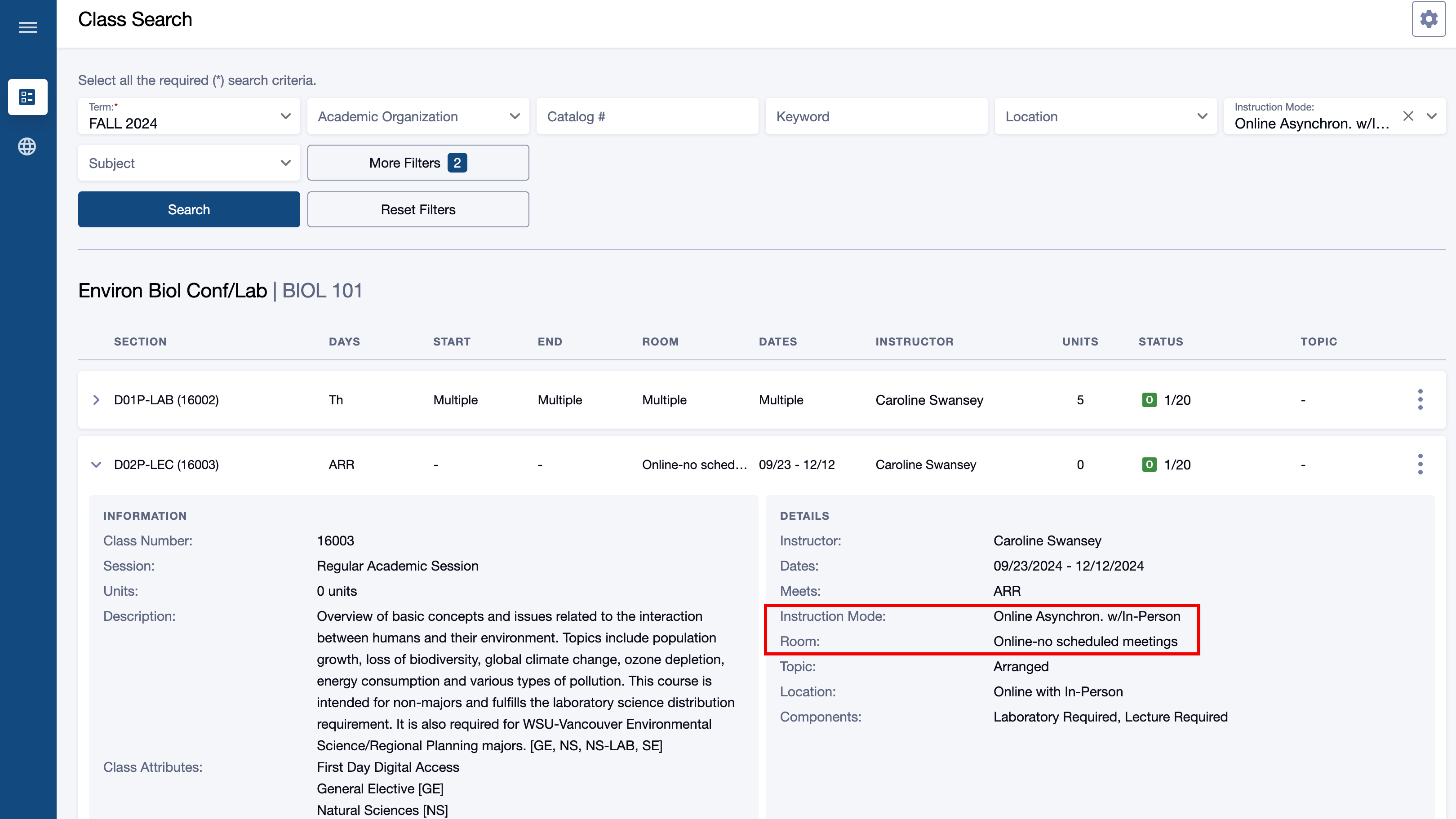 Online Asynchronous w/InPerson modality as shown in Class List