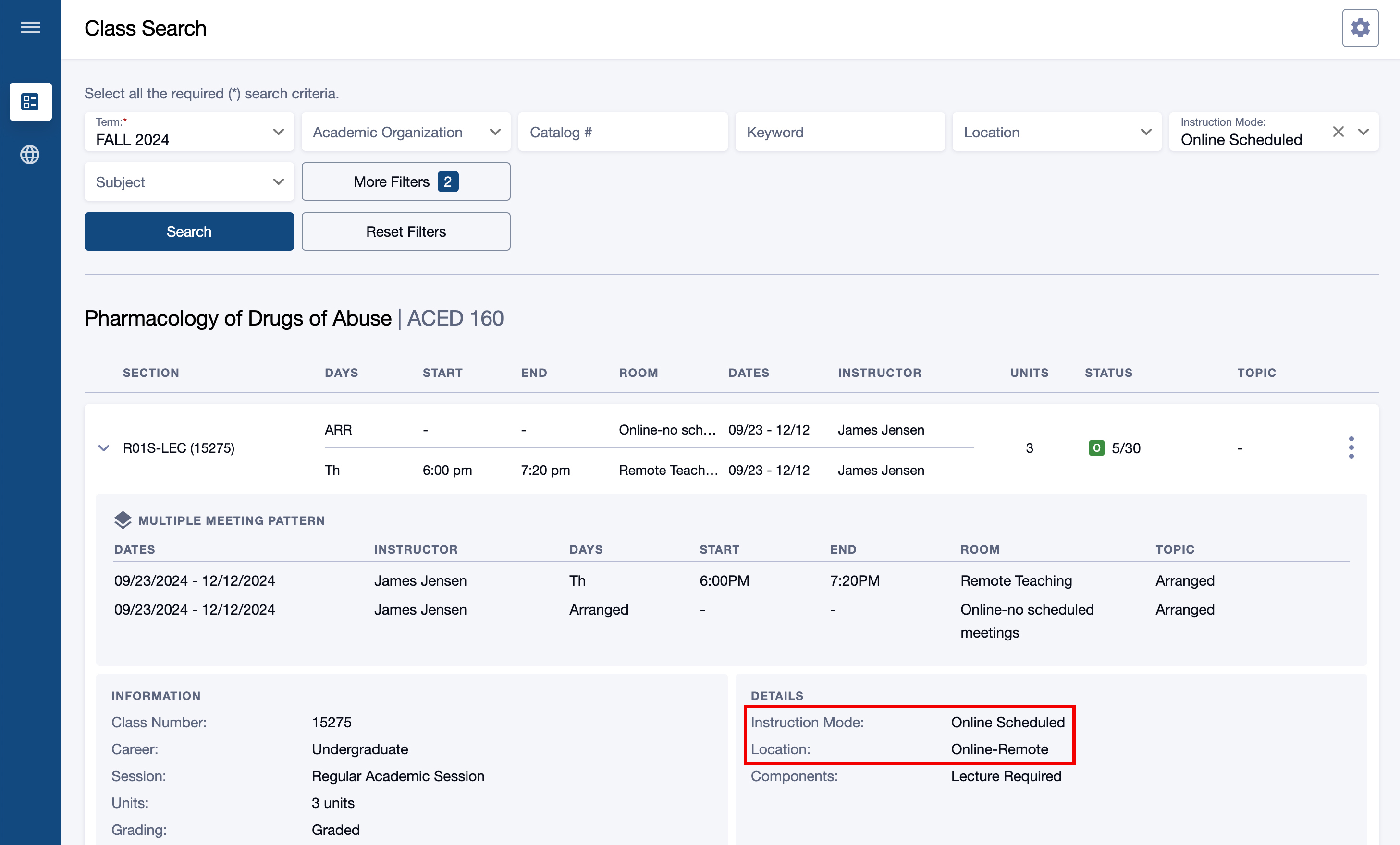 Online Scheduled modality as shown in Class List