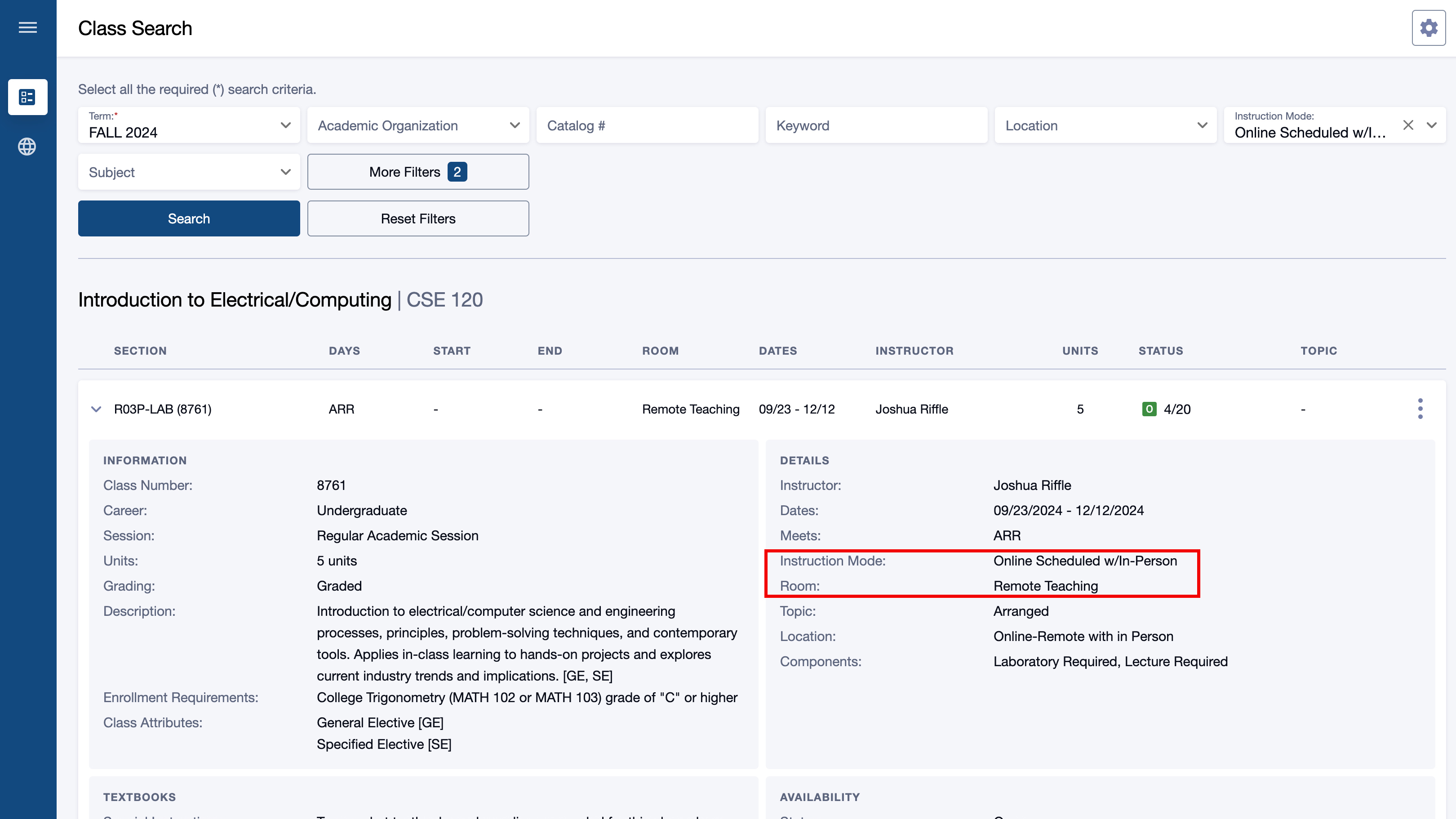 Online Scheduled w/InPerson modality as shown in Class List