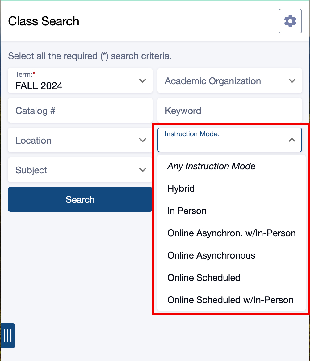 Course modality drop-down menu