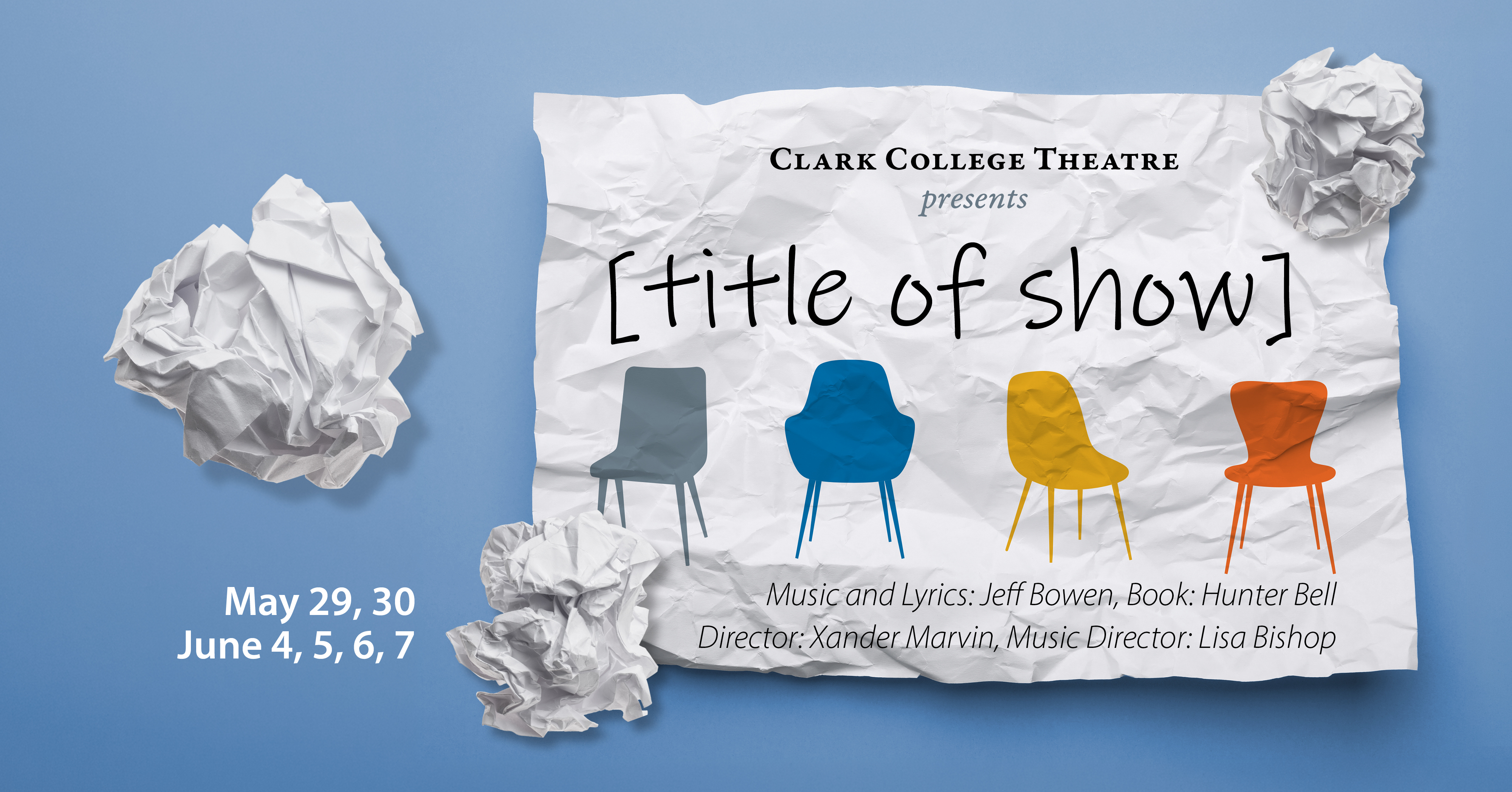 title of show graphic with paper and chairs