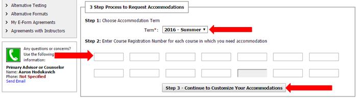 Arrows pointing to the term drop down menu, textboxes for course registration number, and continue button for customizing accommodations.