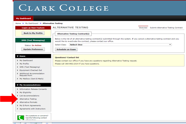 An arrow pointing to the Alternative Testing link under the "My Accommodations" tab.