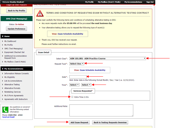 Exam Details shown: Select Class (dropdown menu), Request Type (dropdown menu), Date (textbox), Time (dropdown menu), Services Requested (checkboxes), Additonal Notes (textbox)