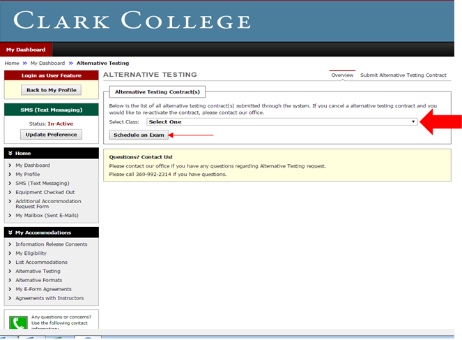 An arrow is pointing at the Select Class  dropdown menu. An arrow is pointing to the Schedule an Exam button located underneath the dropdown menu.