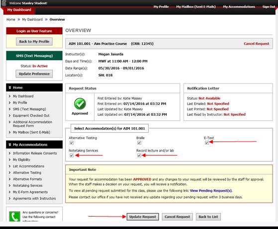 Three arrows are pointing at the E-Text, Notetaking Services, and Record lecture and/or lab checkboxes. They are all checked. An arrow is pointing at the Update Request button.