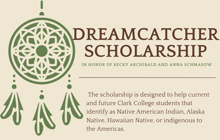 Dreamcatcher scholarship flyer featuring a green dreamcatcher graphic and bright sun with promotional text detailing the recipient being awarded in the name of Becky Archibald and Anna Schmasow for their committement to advocating for the seventh generation. 