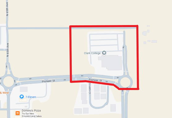 AMC Clery Geography Map Map of the Advanced Manufacturing Center at Boschma Farms in Ridgefield. A red boundary outlines the Clark College Clery campus geography and adjacent Pioneer Street area.