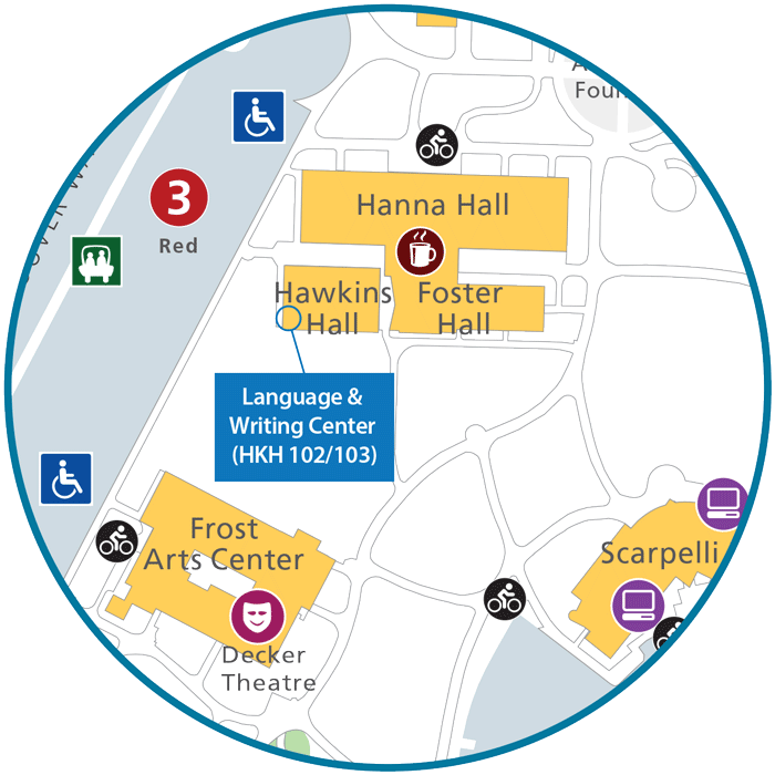 A map with an indicator pointing towards the location of the Language and Writing Center