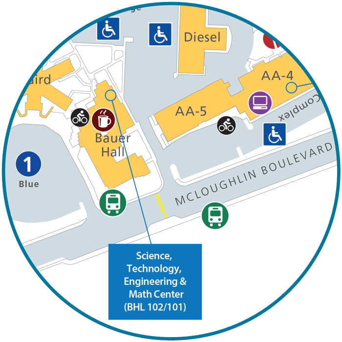 A map with an indicator pointing towards the location of the Science, Technology, Engineering, and Math Center