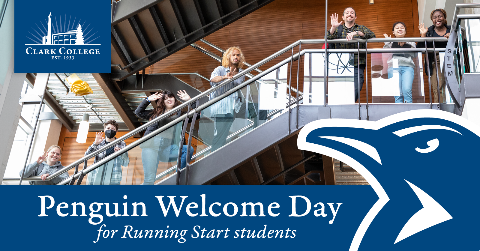 Students on stairs waving with Penguin Welcome Days Text