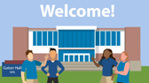 stylized illustration showing students in front of Gaiser Hall, with Welcome! written on the top of the image