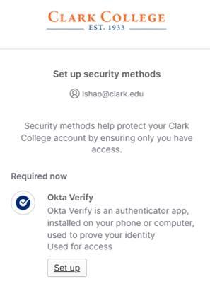 Screen of the Clark College Okta Verify app setup
