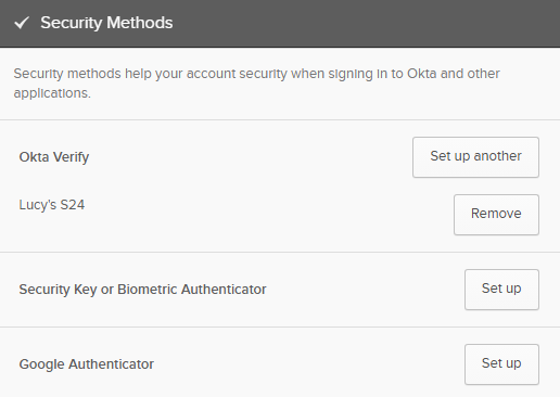 Screenshot of the Okta Security Methods to show what method has now been set up