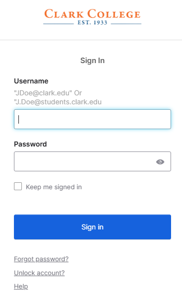 Correct Clark Okta screen to enter your username and password