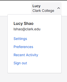 Pop-up menu that shows options for Settings, Preferences Recent Activity, and Sign out