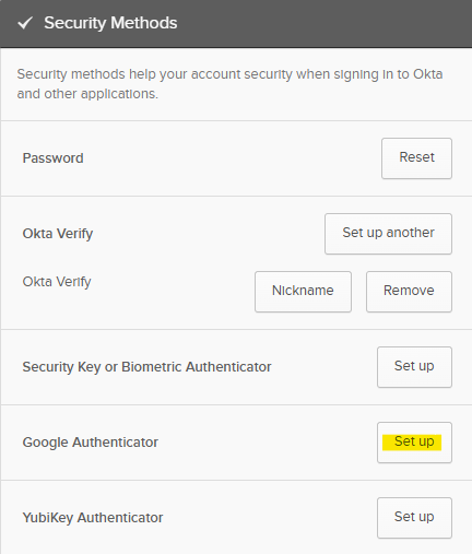 Okta security methods management screen showing options to set up or manage methods like Password, Okta Verify, Security Key, Google Authenticator (highlighted), and YubiKey.