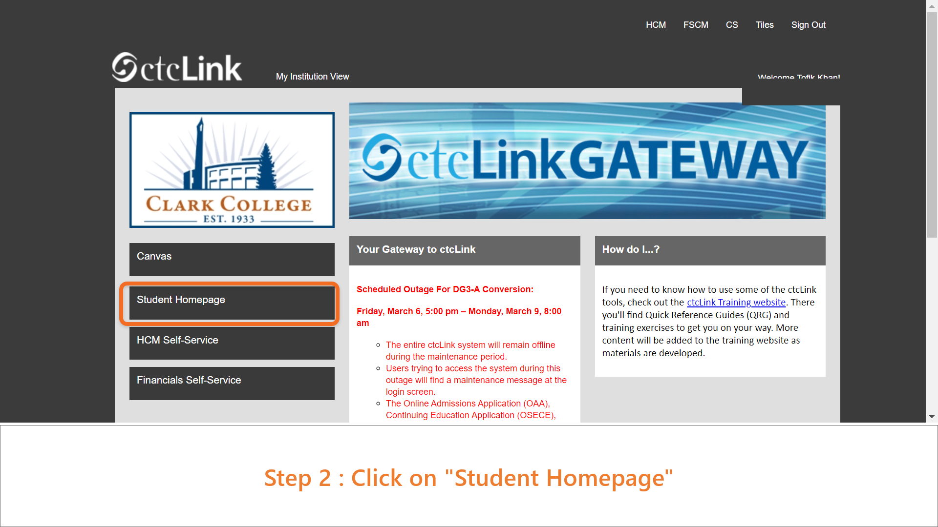Step 2: Click on 'Student Homepage'.