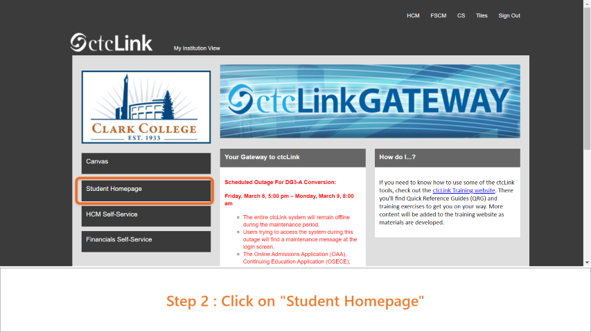 Step 2: Click on 'Student Homepage'.