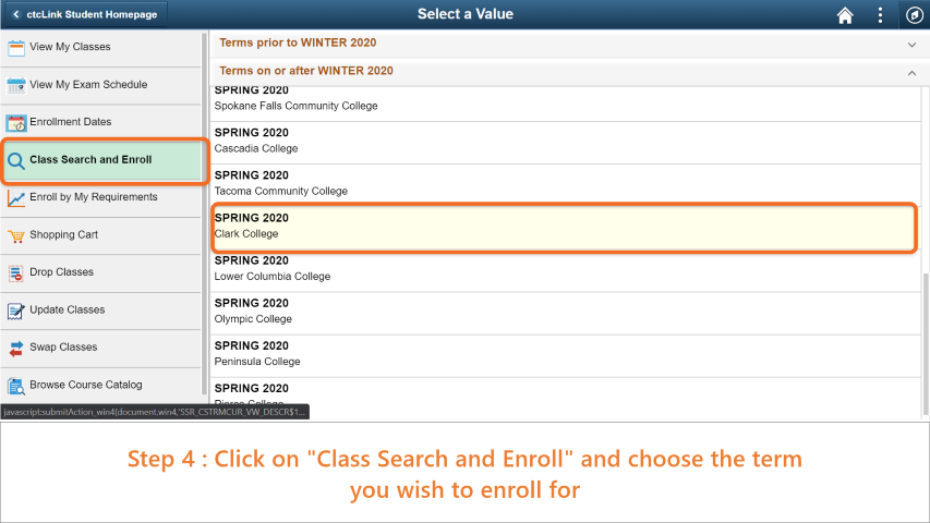 Step 4: Click on 'Class Search and Enroll' and choose the term you wish to enroll for.