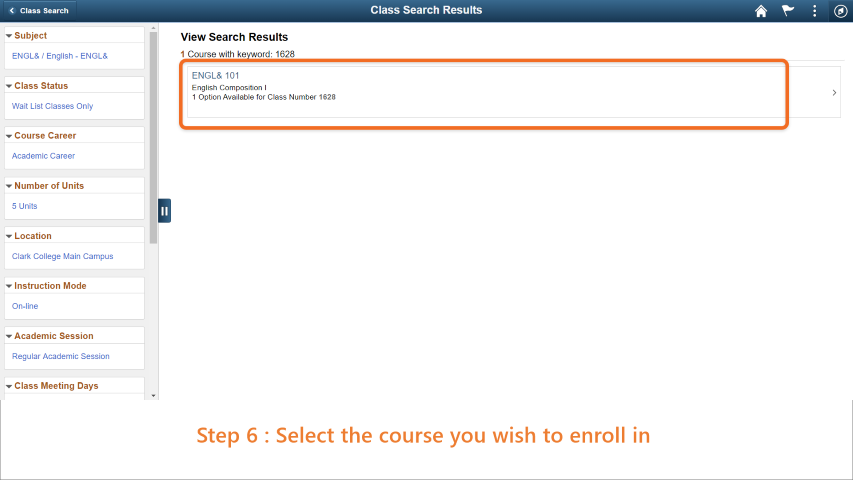 Step 6: Select the course you wish to enroll for.