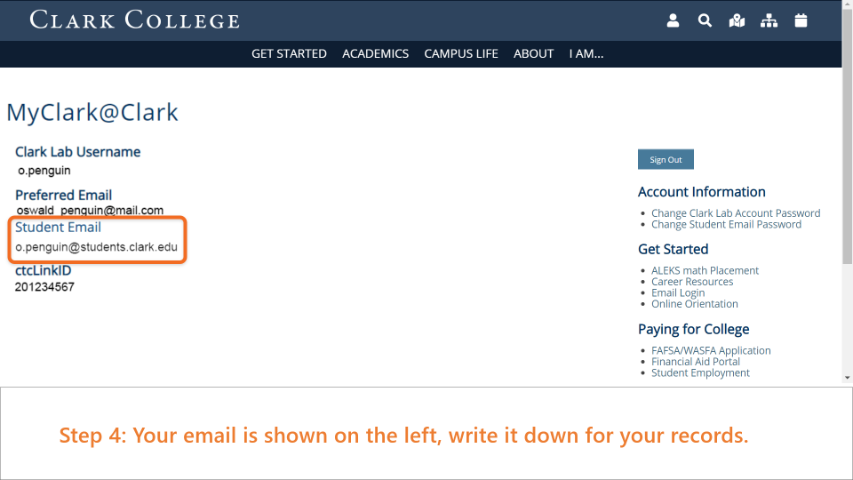 MyClark@Clark dashboard page, highlighting student email displayed on the page.