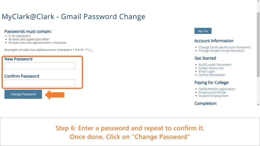 MyClark@Clark Gmail password change screen, highlighting password entry textboxes.