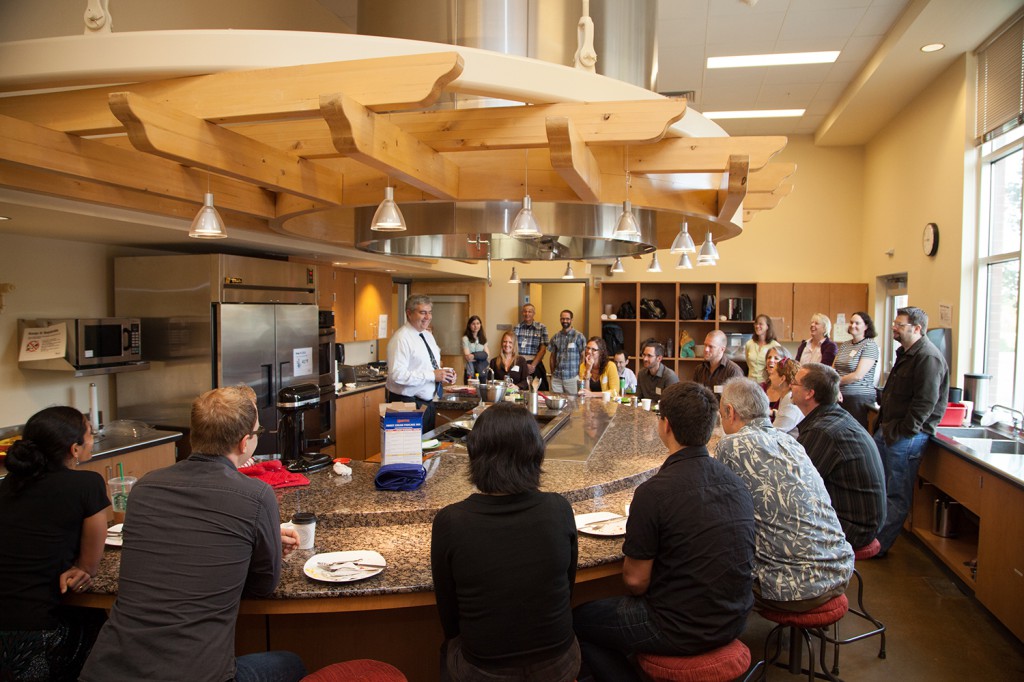 President Knight served new faculty a pancake breakfast before giving his personal welcome to Clark.