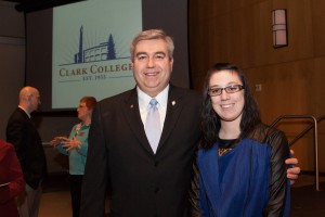President Knight with Che'yna Shotwell. Shotwell, a junior at Mountain View High School, is part of the Penguin Promise partnership between Clark College and the Boys and Girls Clubs of Southwest Washington, which provides Clark College scholarships to those students who fulfill the program's stringent academic requirements. She is on track to become the first student to receive such a scholarship from the program, which was announced at the 2013 State of the College address.
