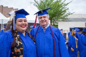 Edna Stultz and Wayne Schmasow get ready to graduate at Clark's 2018 Commencement.