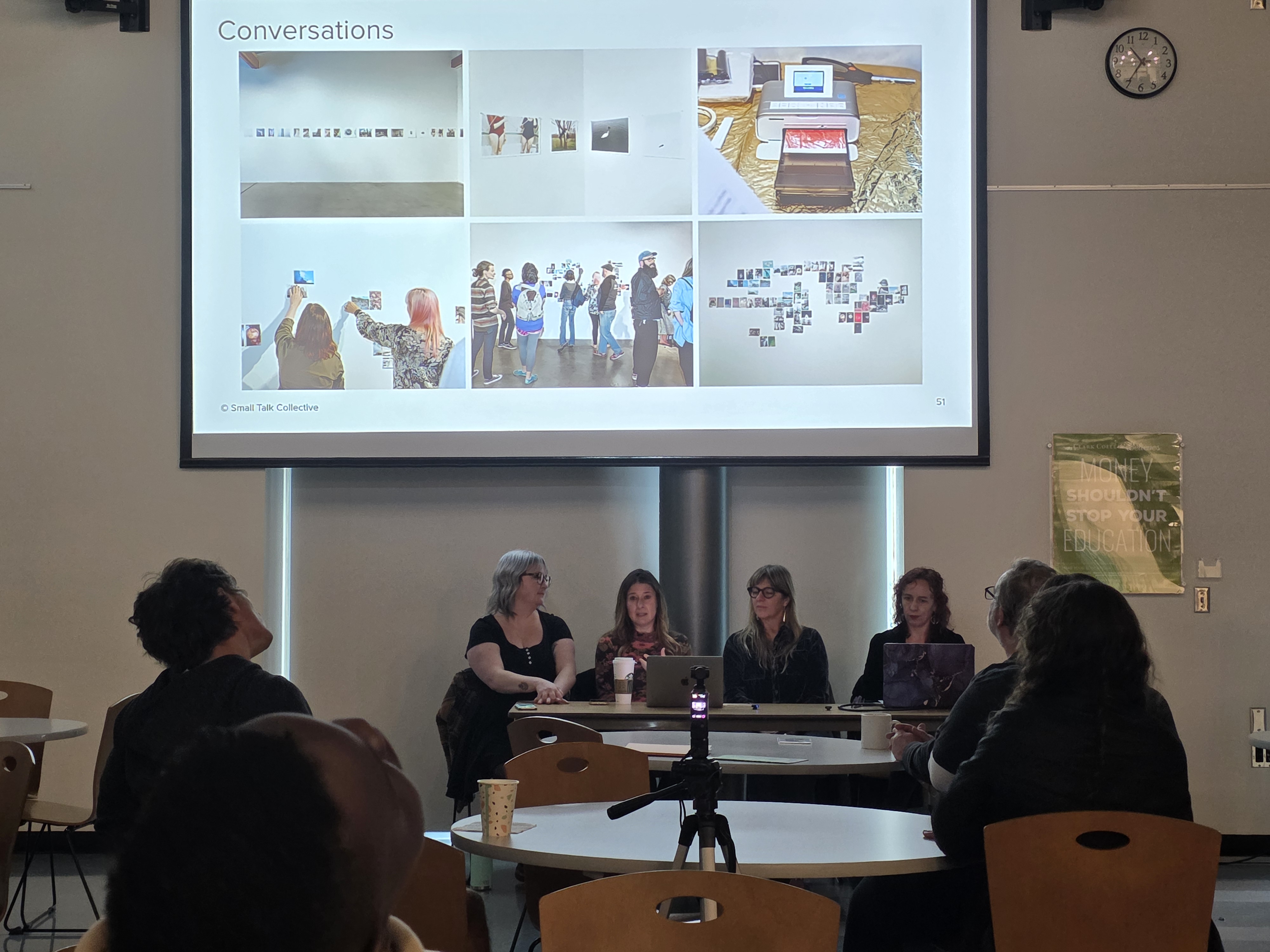 Small Talk Collective artists sitting in a panel in front of a presentation