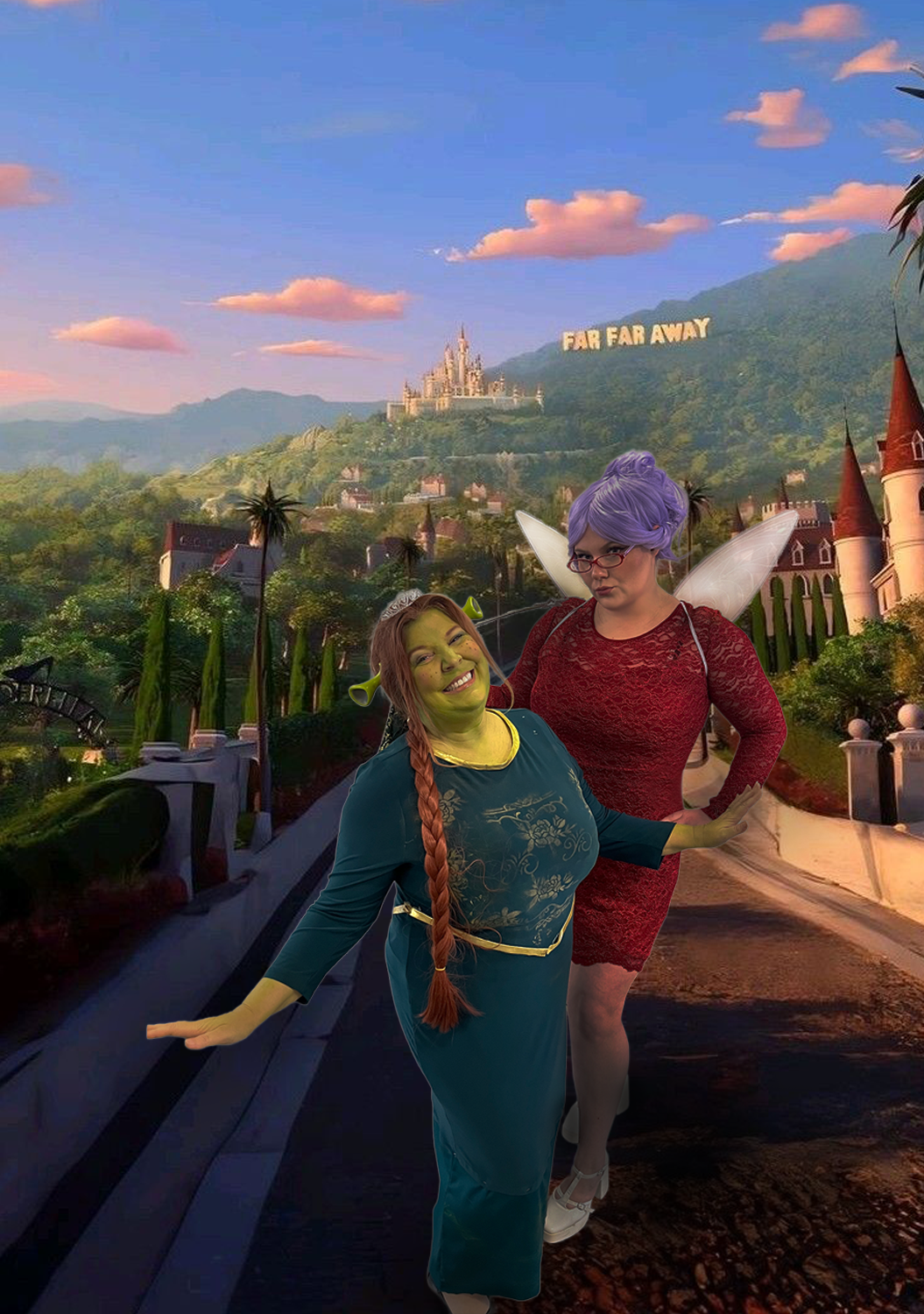Marcy and Maddy Gilchrist dressed as Fiona and Fairy Godmother from Shrek