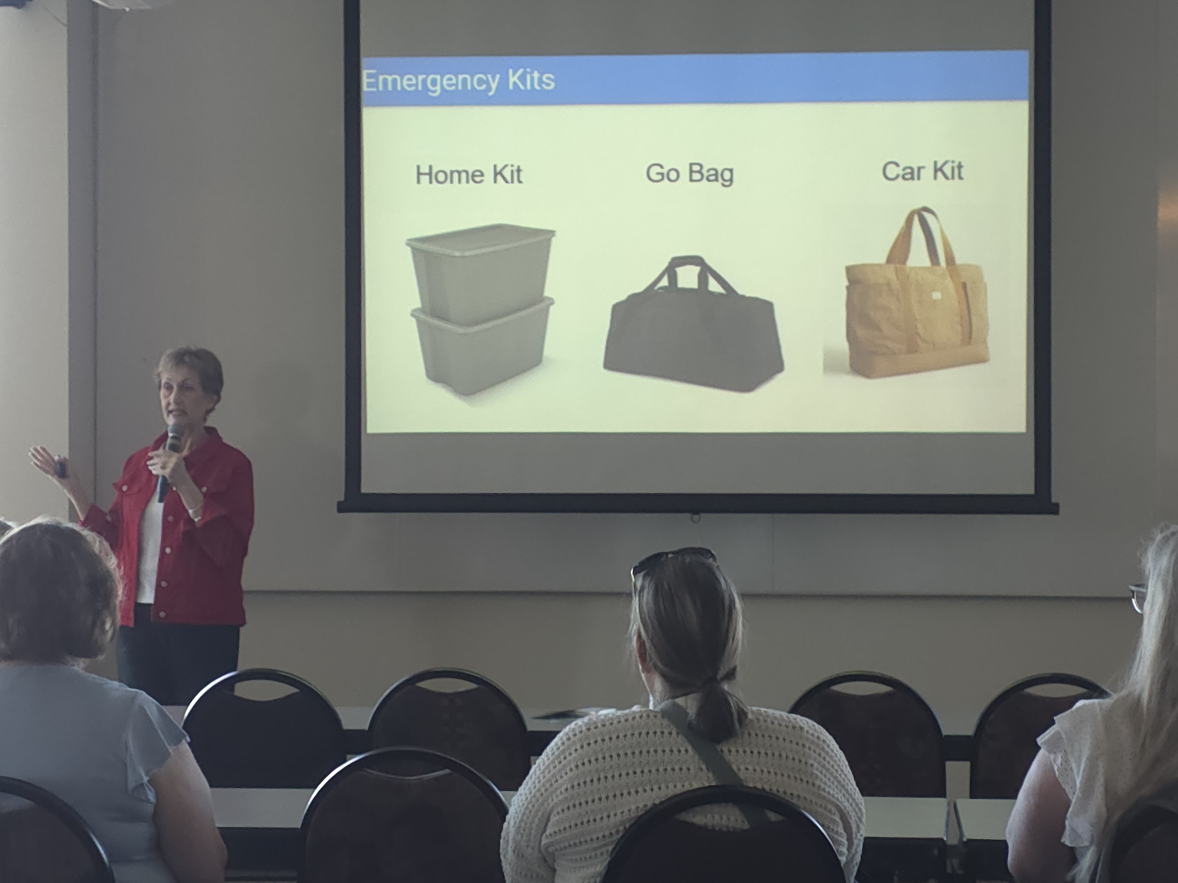 Presenter stands in front of presentation showing three emergency kits