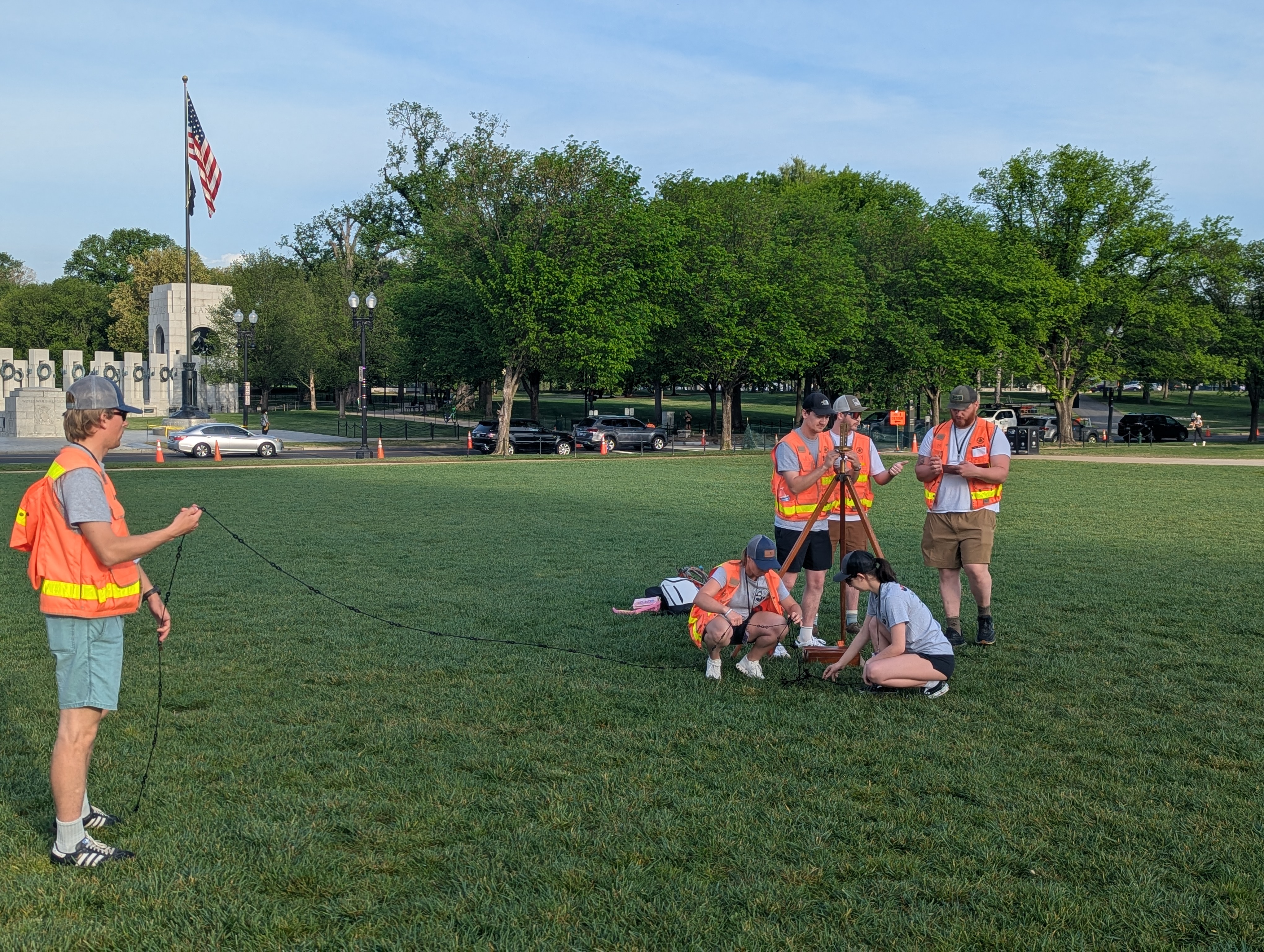 Surveying students in a field