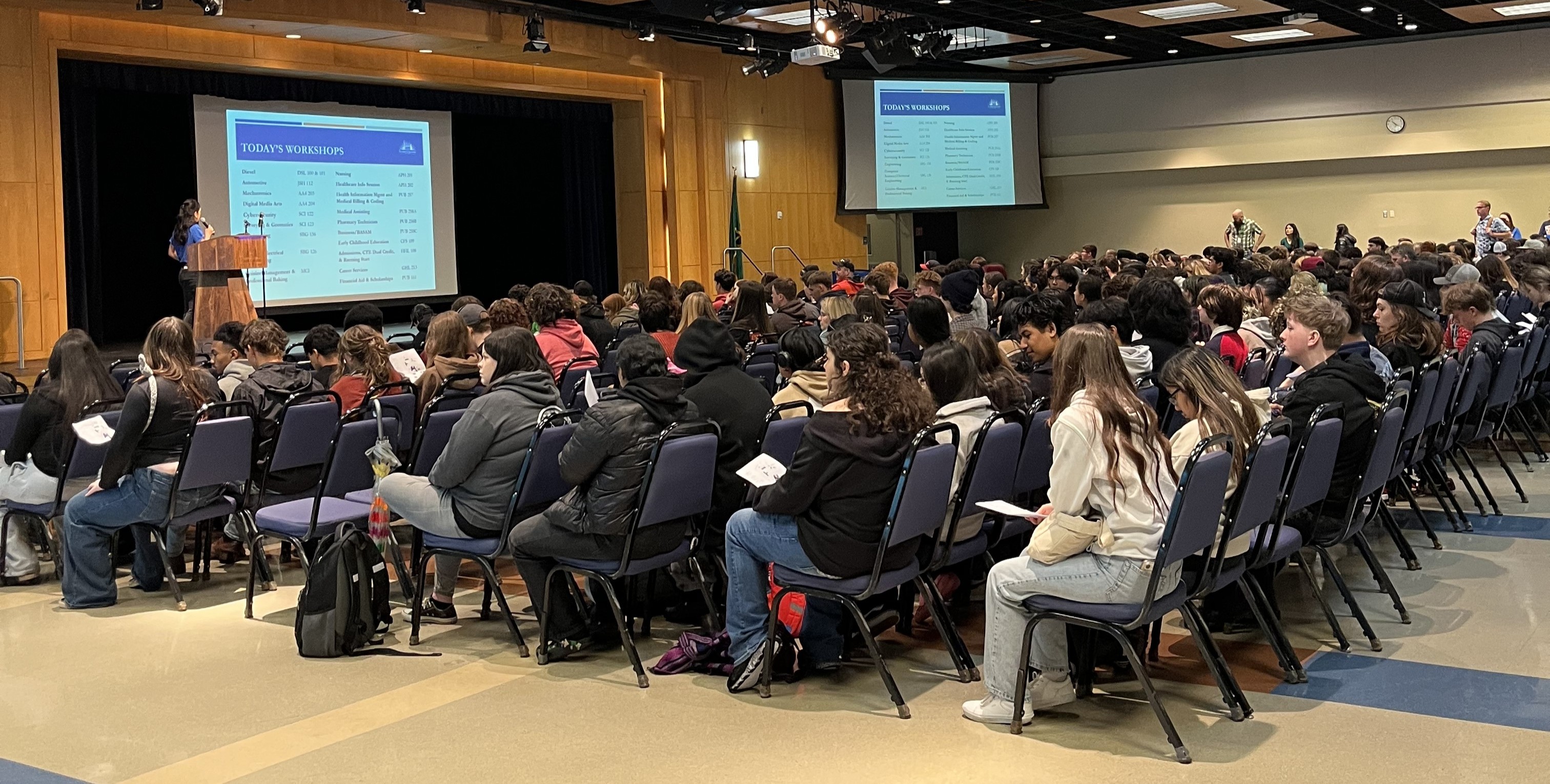 Rows of high school students in the Gaiser Student Center for the CTE Showcase