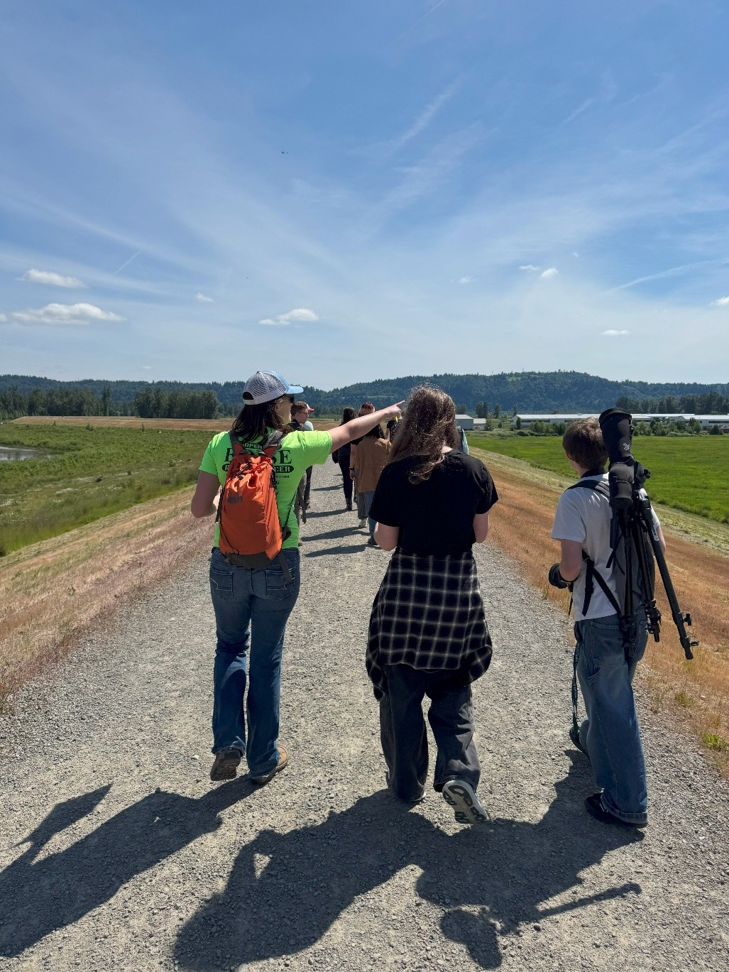 Students walking through a sunny restoration site, one is pointing to something off camera.
