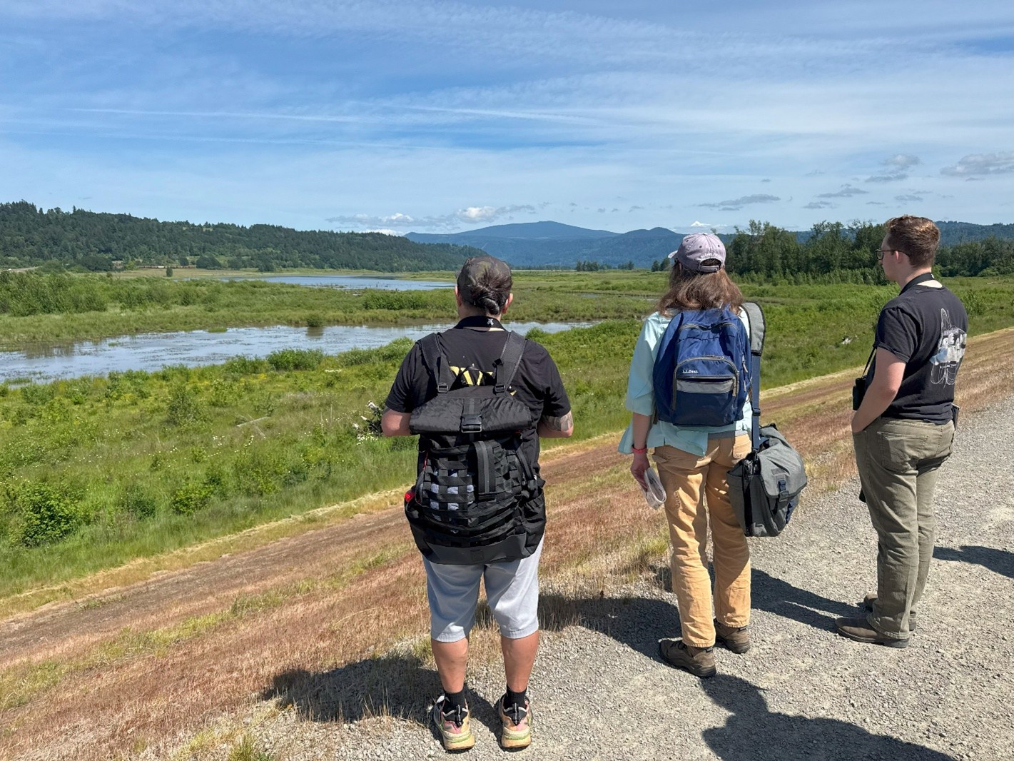 Students and a professor look on at the scenery of the Steigerwald National Wildlife Refuge